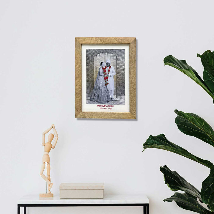 Couples Garland And Rays Design Hand Embroidered Photo With Wooden Frame
