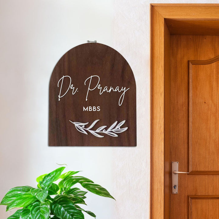 Small Minimal Arched Wooden Name Plate With 3D Acrylic Letters For Doctor - Front View Hanging on Wall
