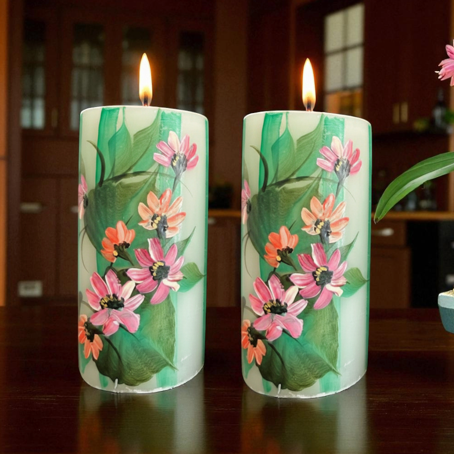 Hand-Painted Wild Flowers Circular Paraffin Scented Candle | Set Of 2