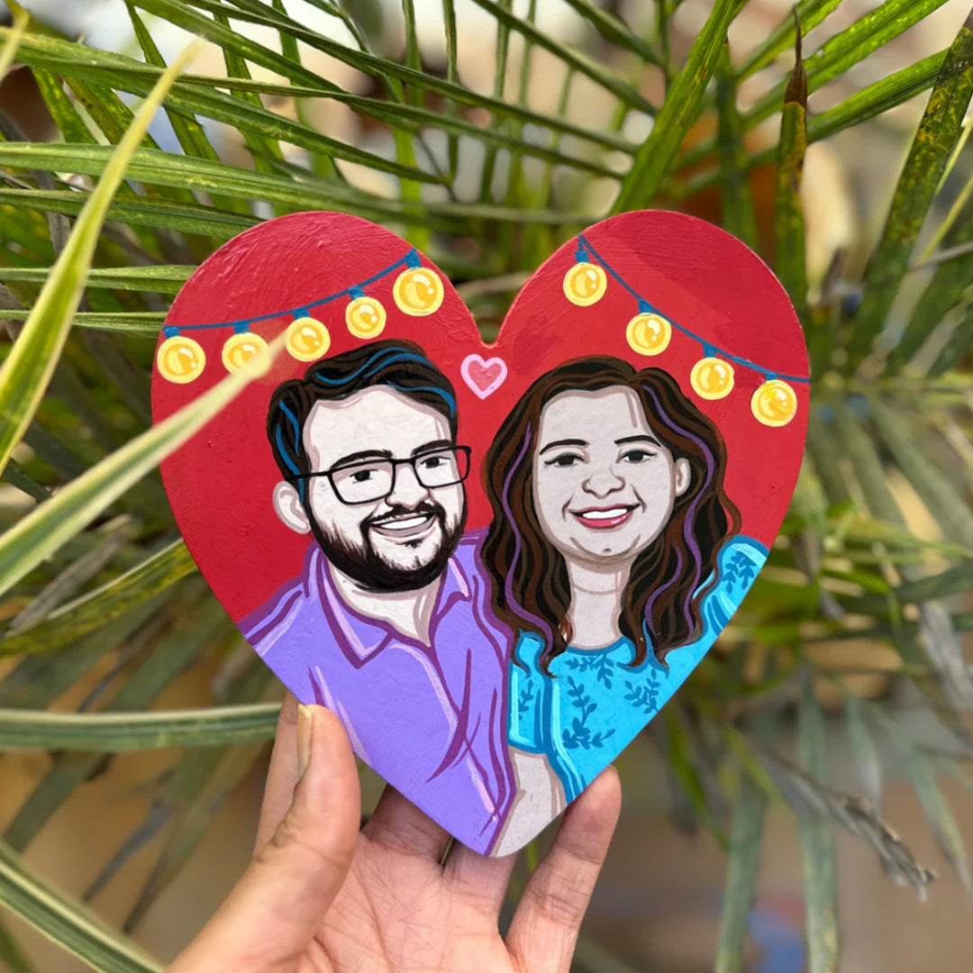 Photo Personalized Hand-Painted Large Heart Shaped Pop Art Illustrated Caricature MDF Wood Fridge Magnet