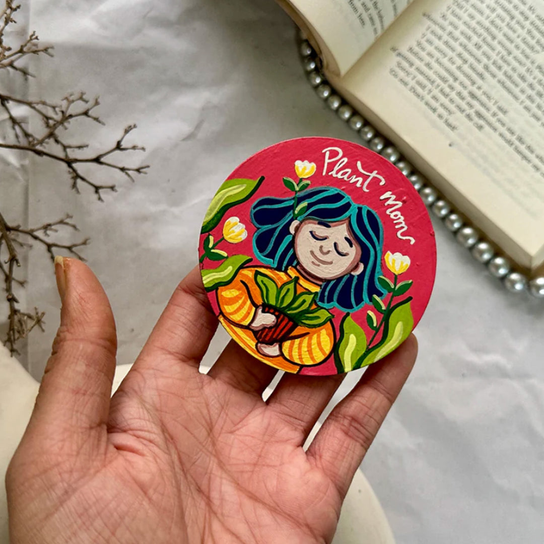 Hand-Painted Plant Mom MDF Wood Fridge Magnet