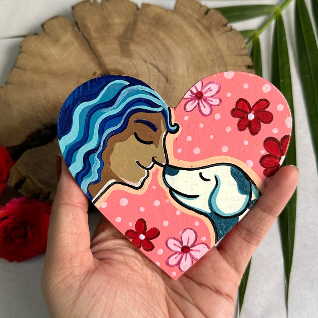 Hand-Painted Girl & Dog Heart Shaped MDF Wood Fridge Magnet