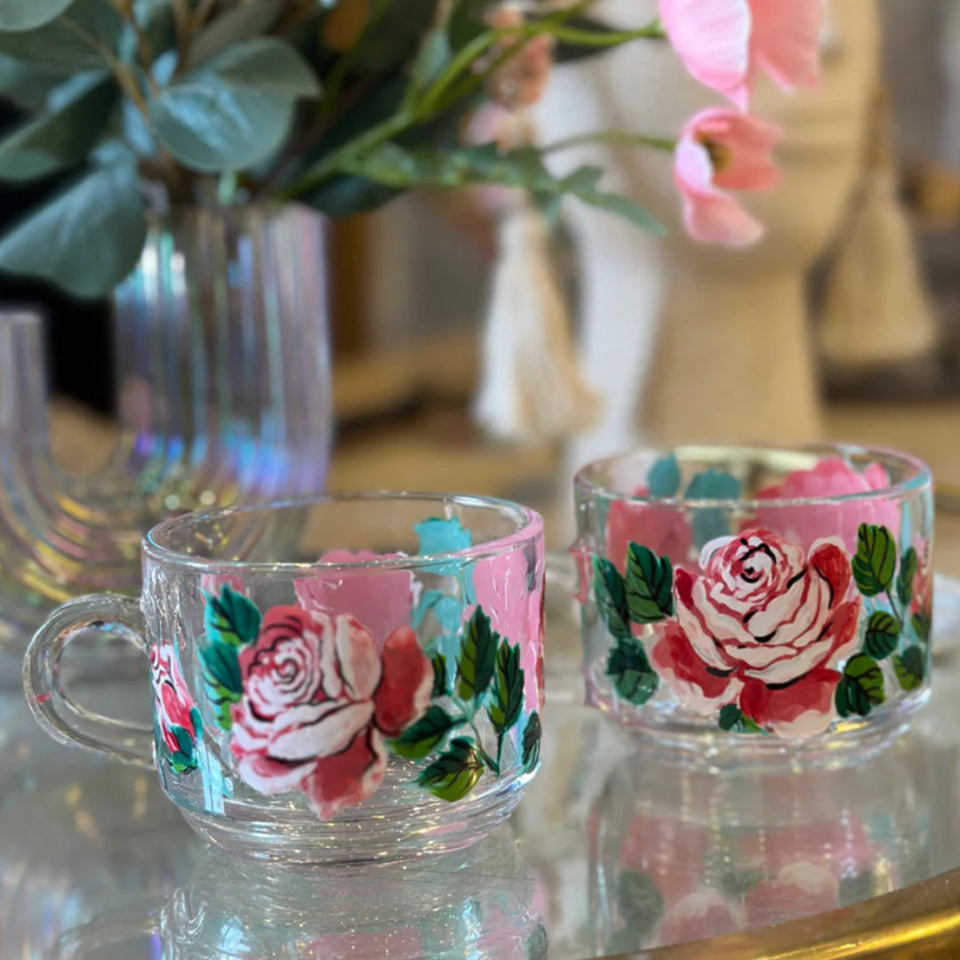 Hand-Painted Pink Roses Glass Tea Cups
