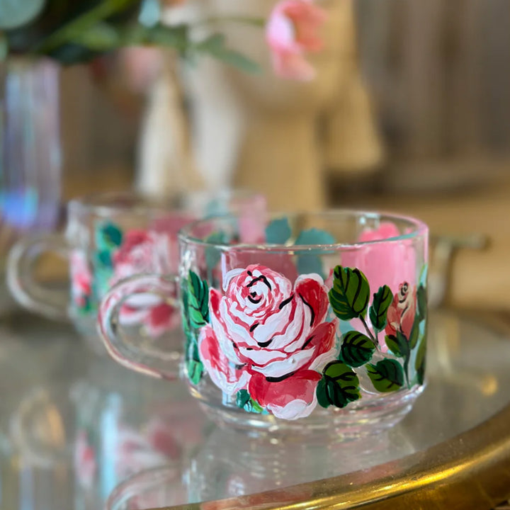 Hand-Painted Pink Roses Glass Tea Cups