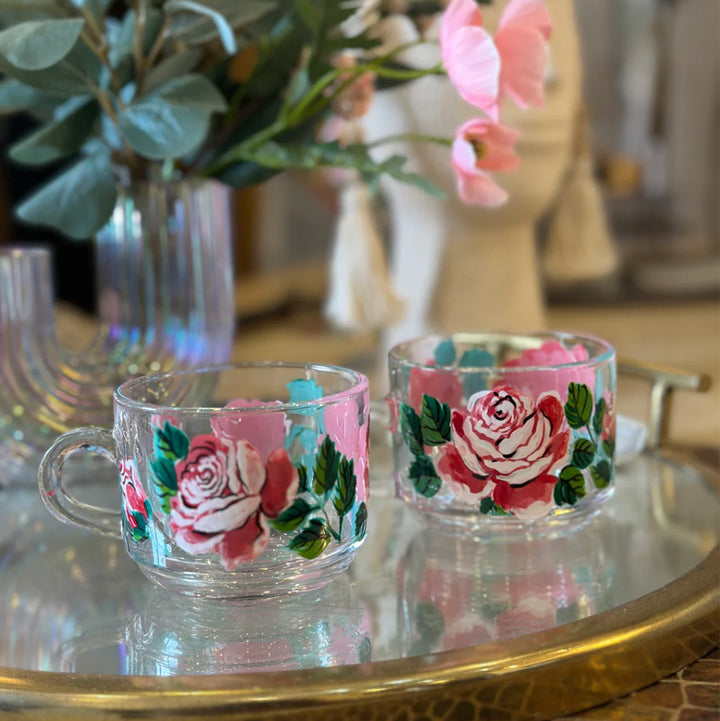 Hand-Painted Pink Roses Glass Tea Cups