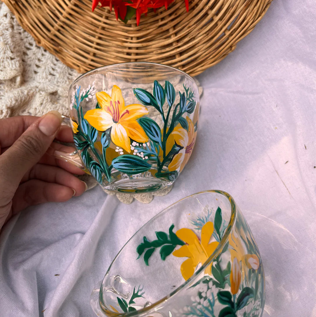 Hand-Painted Lily Glass Tea Cups