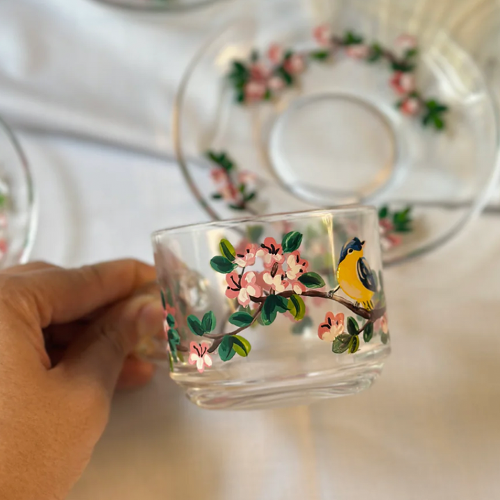 Hand-Painted Cherry Blossom Glass Tea Cups With Saucers