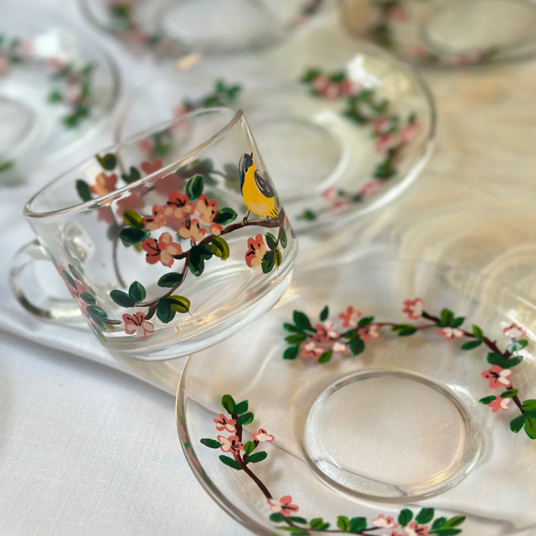 Hand-Painted Cherry Blossom Glass Tea Cups With Saucers