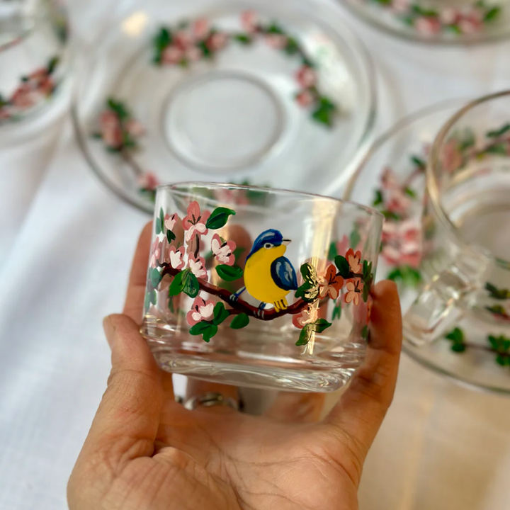 Hand-Painted Cherry Blossom Glass Tea Cups With Saucers