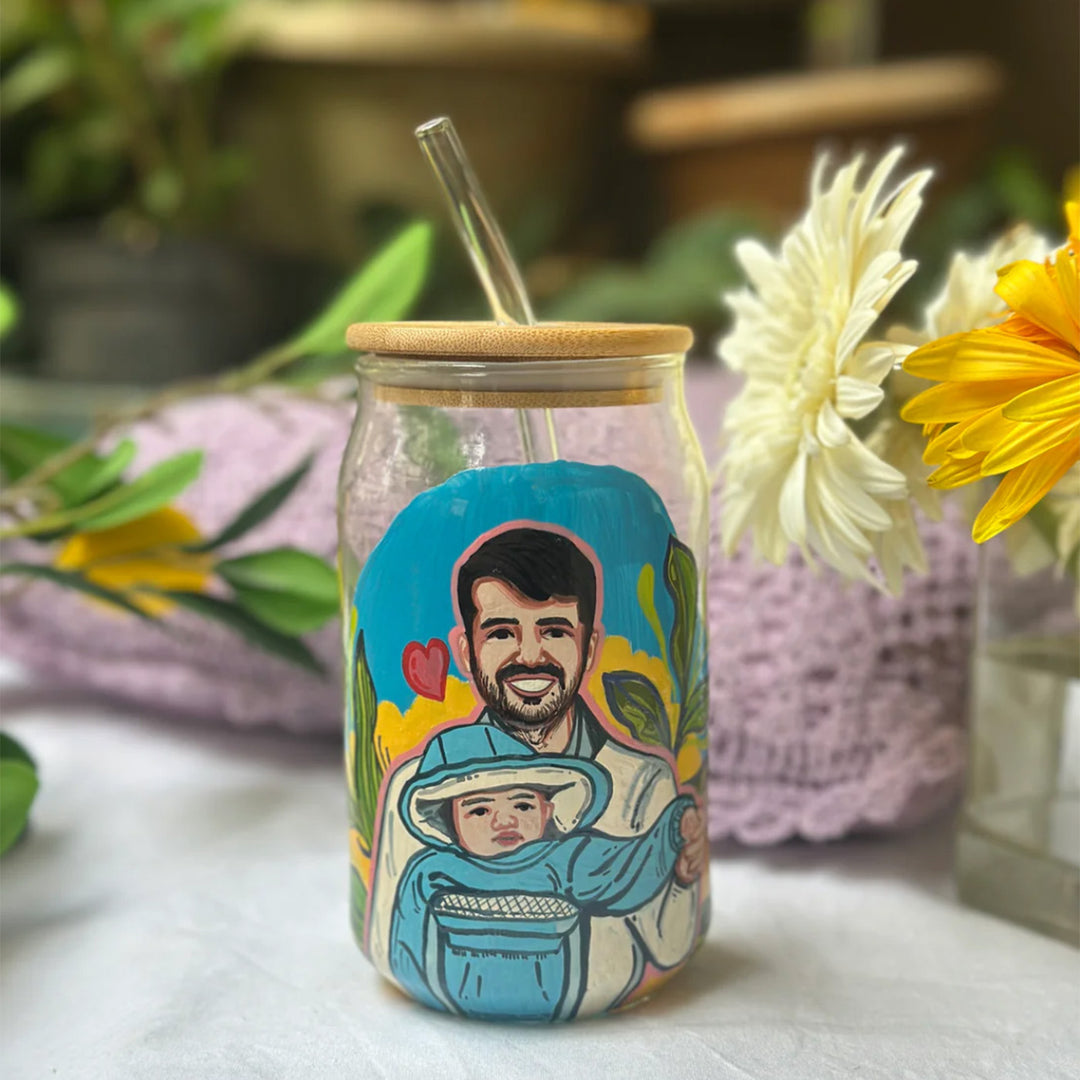 Photo Personalized Hand-Painted Two Characters Pop Art Illustrated Glass Tumbler With Straw