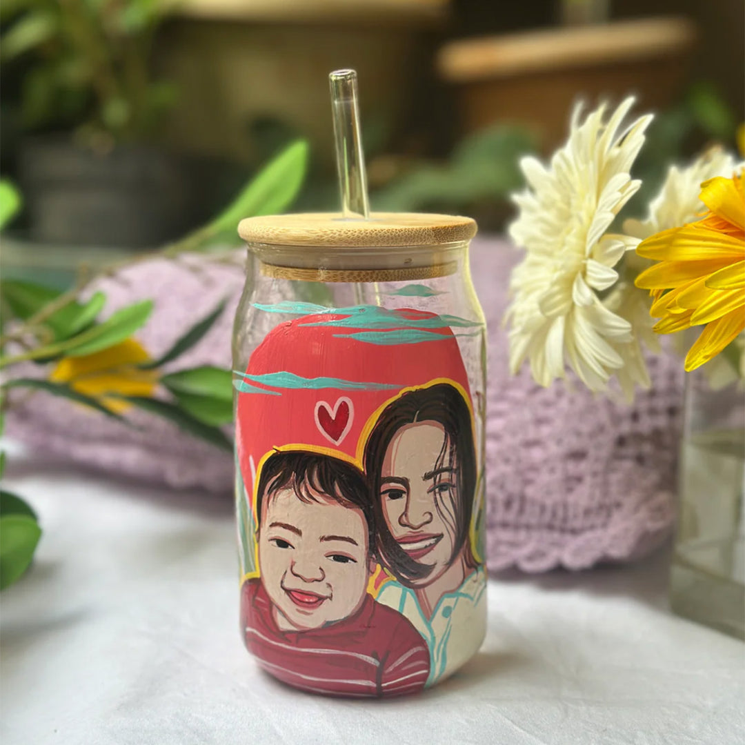 Photo Personalized Hand-Painted Two Characters Pop Art Illustrated Glass Tumbler With Straw