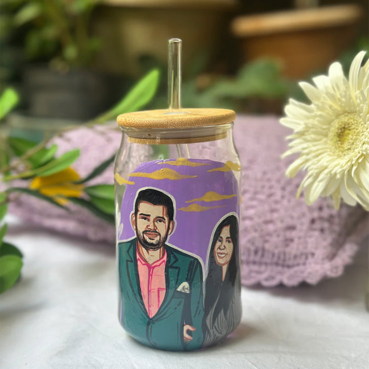 Photo Personalized Hand-Painted Two Characters Pop Art Illustrated Glass Tumbler With Straw