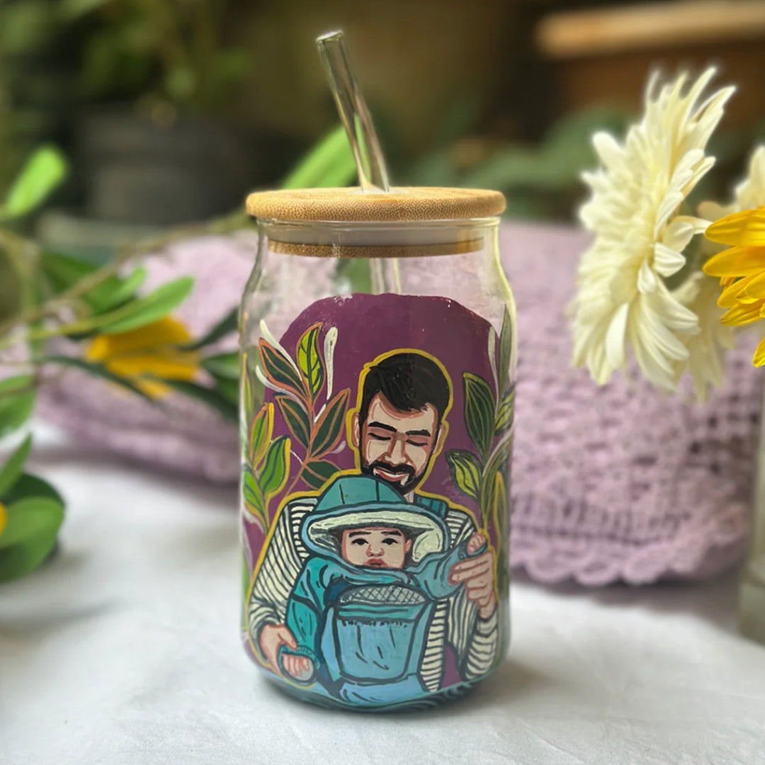 Photo Personalized Hand-Painted Two Characters Pop Art Illustrated Glass Tumbler With Straw
