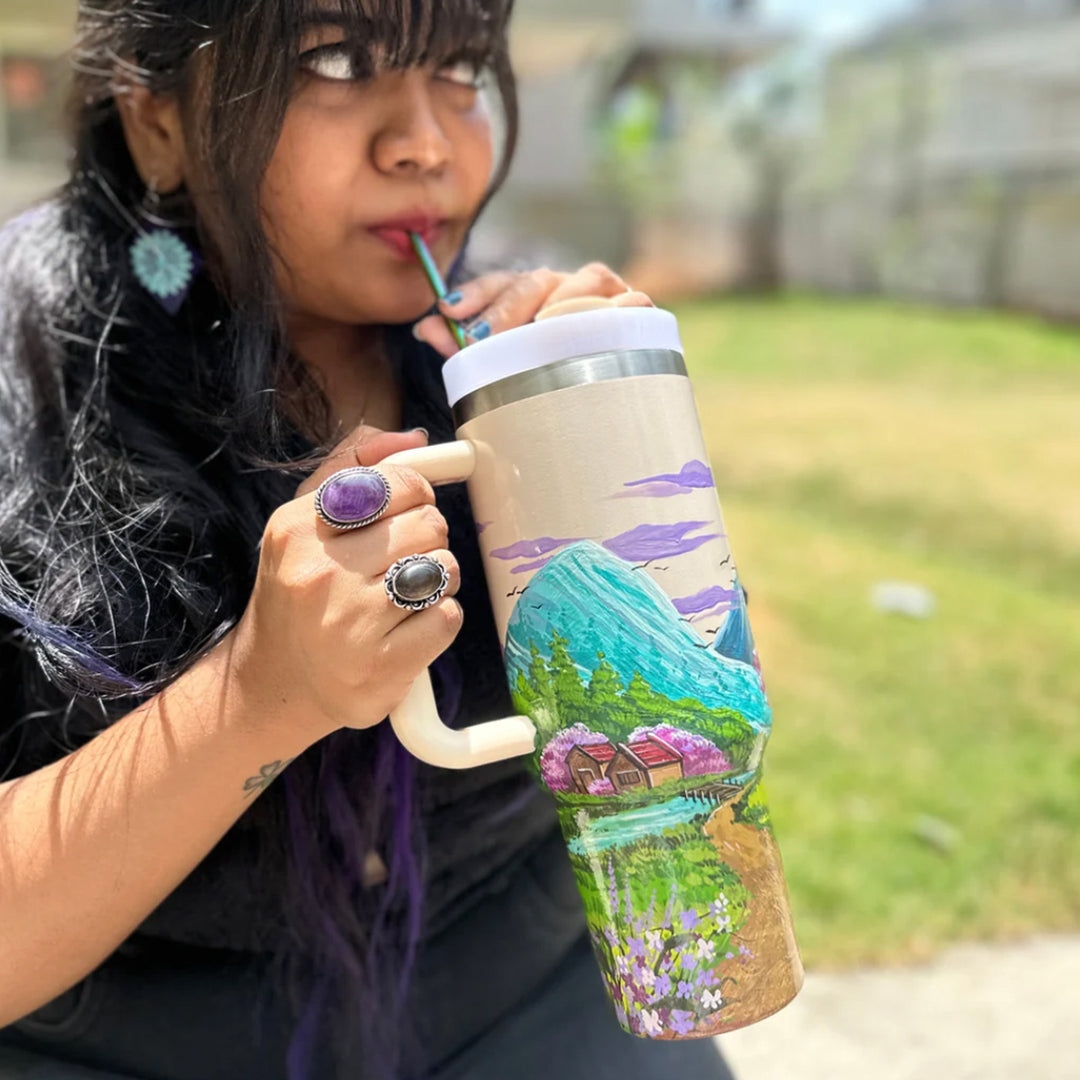 Hand-Painted Countryside Canvas Insulated Sipper