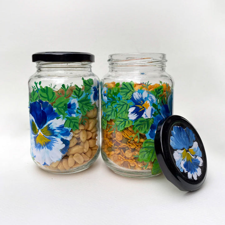 Hand-Painted Blue Pansy Glass Storage Container | Set Of 2