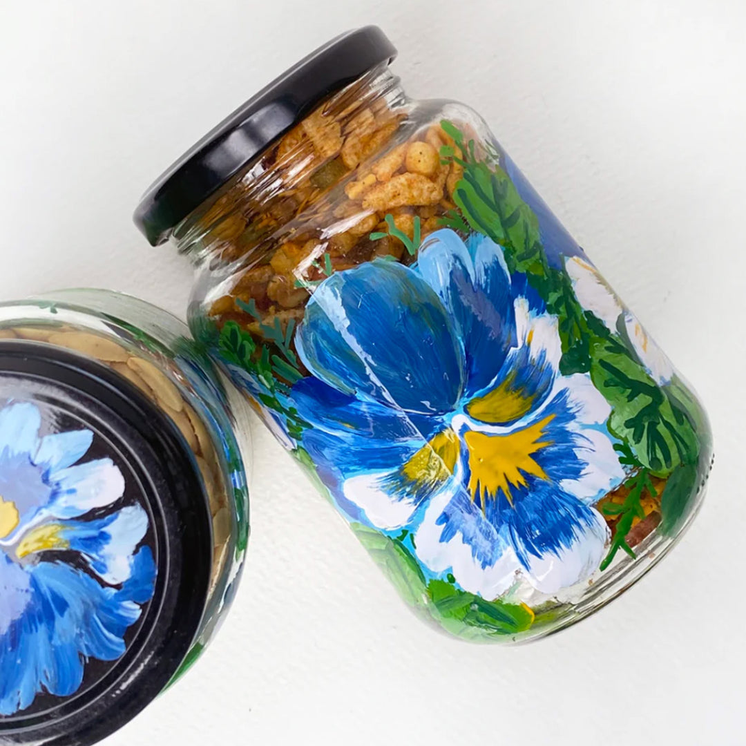 Hand-Painted Blue Pansy Glass Storage Container | Set Of 2