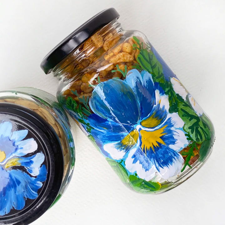 Hand-Painted Blue Pansy Glass Storage Container | Set Of 2