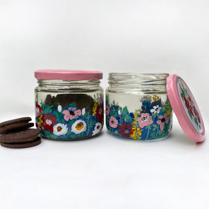 Hand-Painted Multicolor Floral Glass Storage Container | Set Of 2