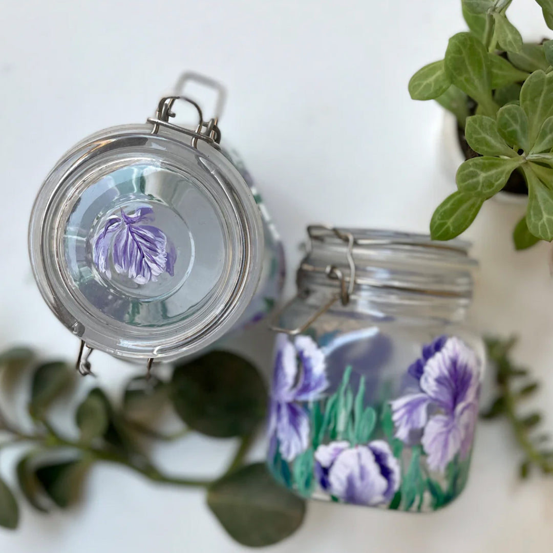 Hand-Painted Iris Theme Glass Storage Container