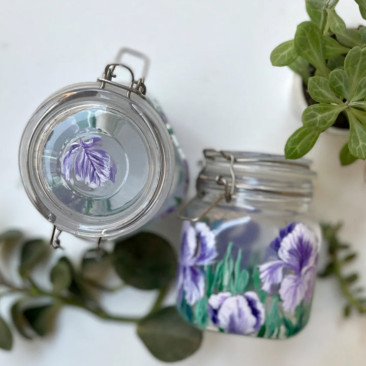 Hand-Painted Iris Theme Glass Storage Container