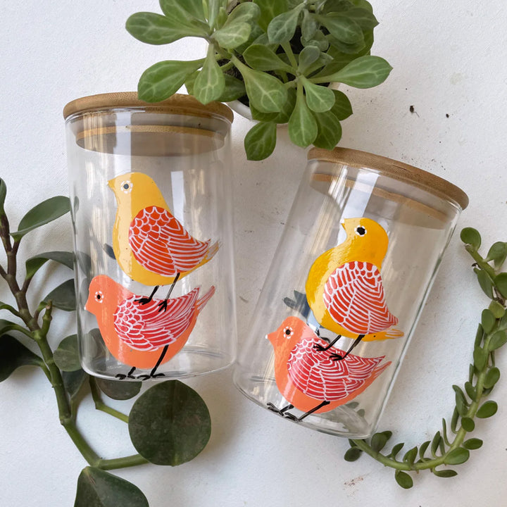 Hand-Painted Birdies Theme Glass Storage Container