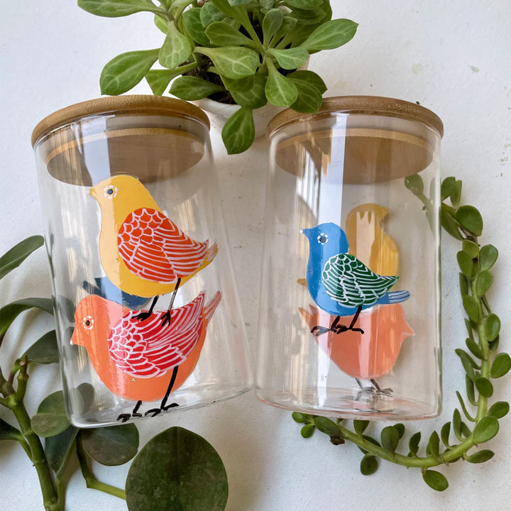 Hand-Painted Birdies Theme Glass Storage Container
