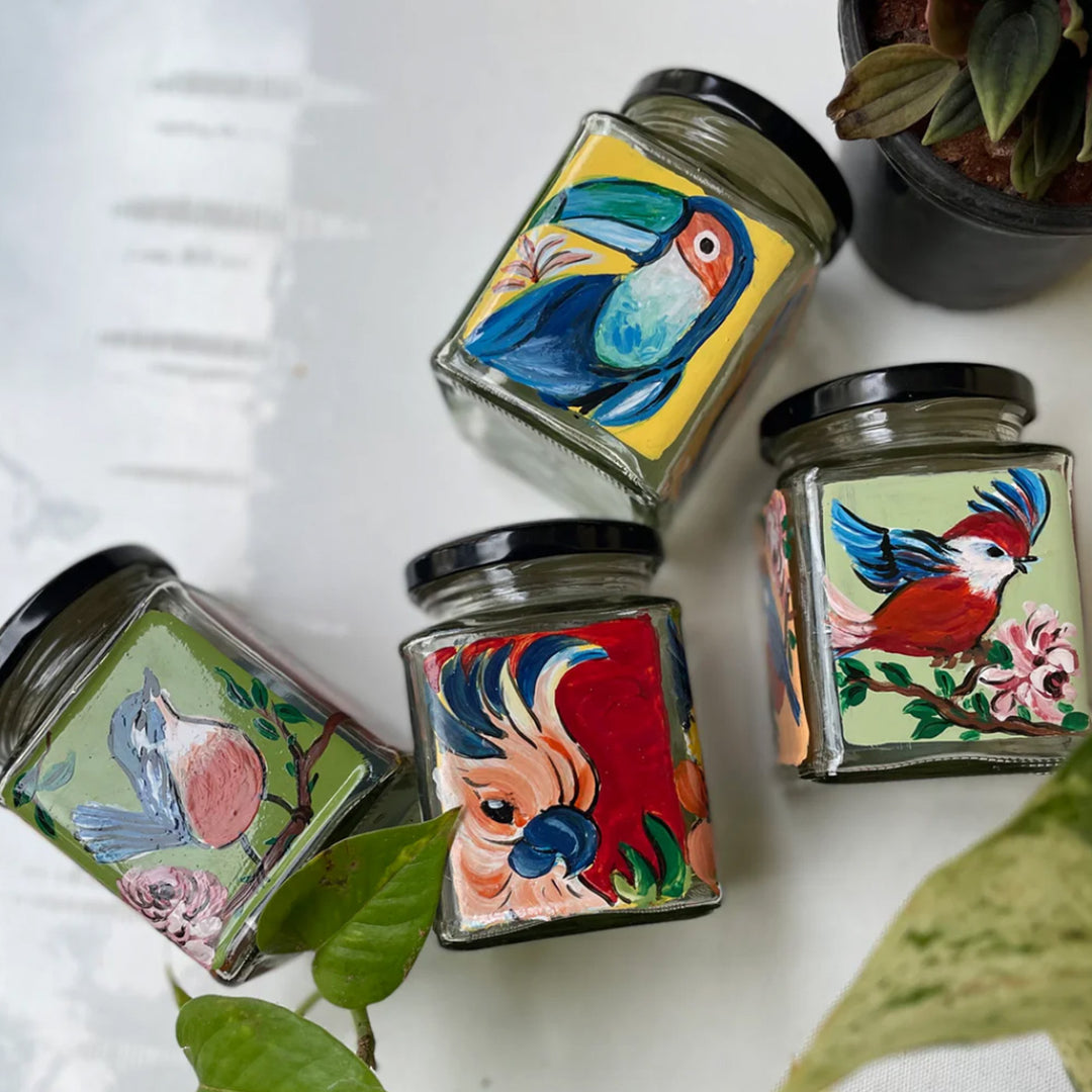 Hand-Painted Tropical Birdies Glass Storage Container | Set Of 4