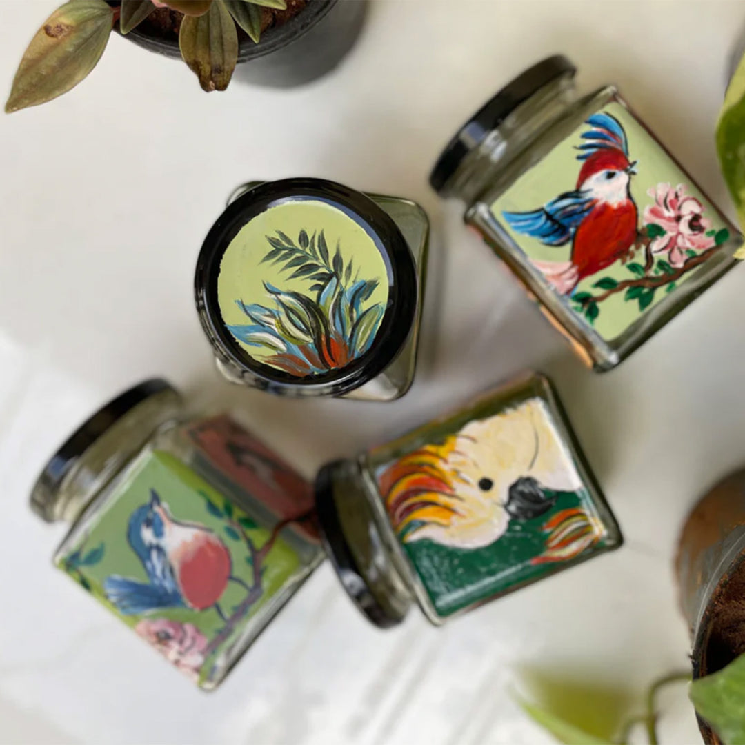 Hand-Painted Tropical Birdies Glass Storage Container | Set Of 4
