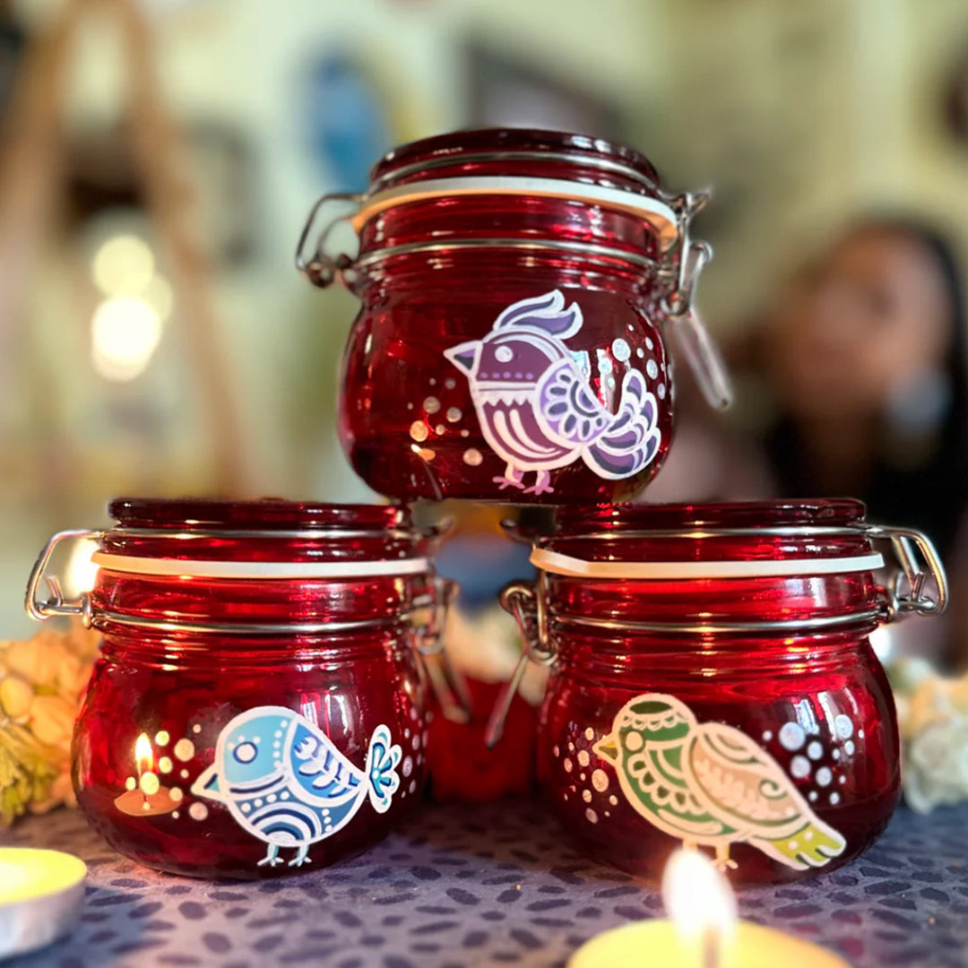 Hand-Painted Teeter Utsav Red Glass Storage Container | Set Of 3