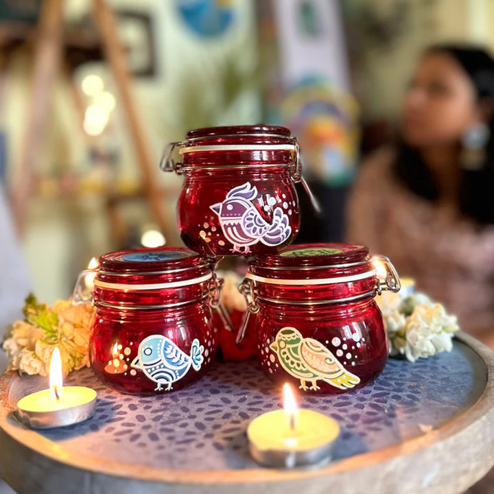 Hand-Painted Teeter Utsav Red Glass Storage Container | Set Of 3