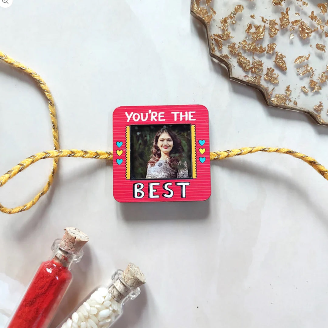 Photo Personalized Magnetic Printed Wooden 'You're The Best' Rakhi With Kumkum Rice