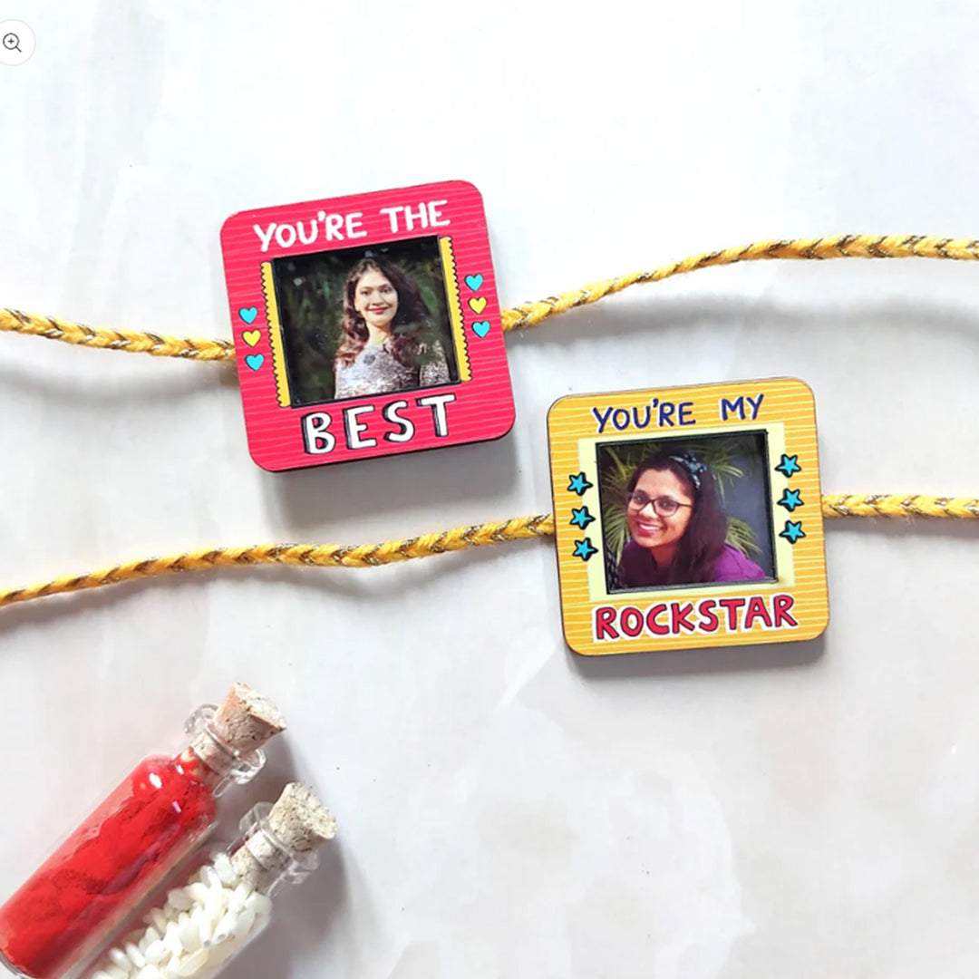 Photo Personalized Magnetic Printed Wooden Rakhi Combo With Kumkum Rice | Reusable As Fridge Magnets | Set of 2