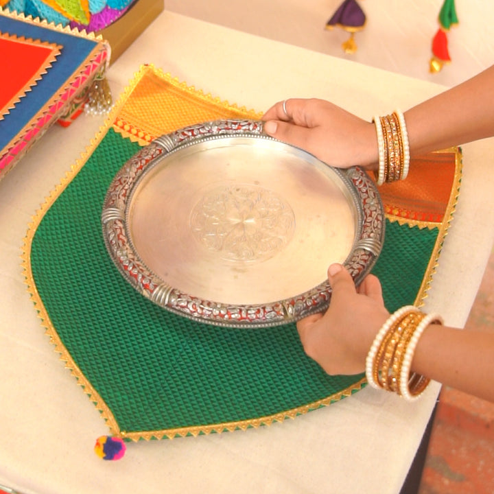 Silk Satin Naivedya Paan With Border Detail | Festive Prasad/Tray Cover