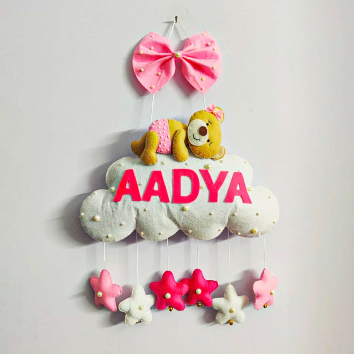 Personalized Handmade Teddy On Cloud Theme Felt Kids Name Plate