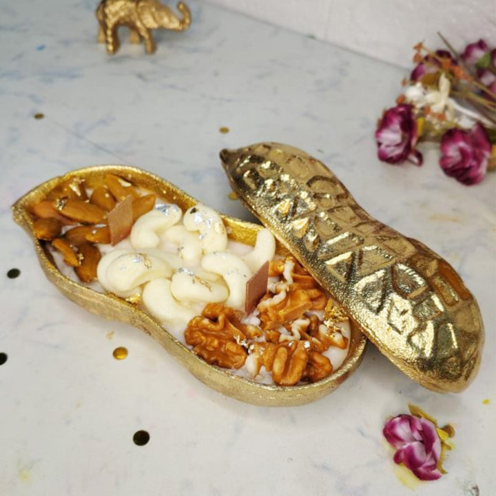 Handcrafted Golden Dryfruit Peanut Shaped Brass Urli Oud Scented Soy Wax Candle