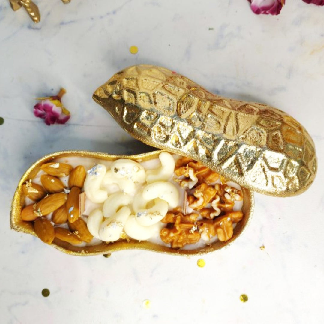Handcrafted Golden Dryfruit Peanut Shaped Brass Urli Oud Scented Soy Wax Candle