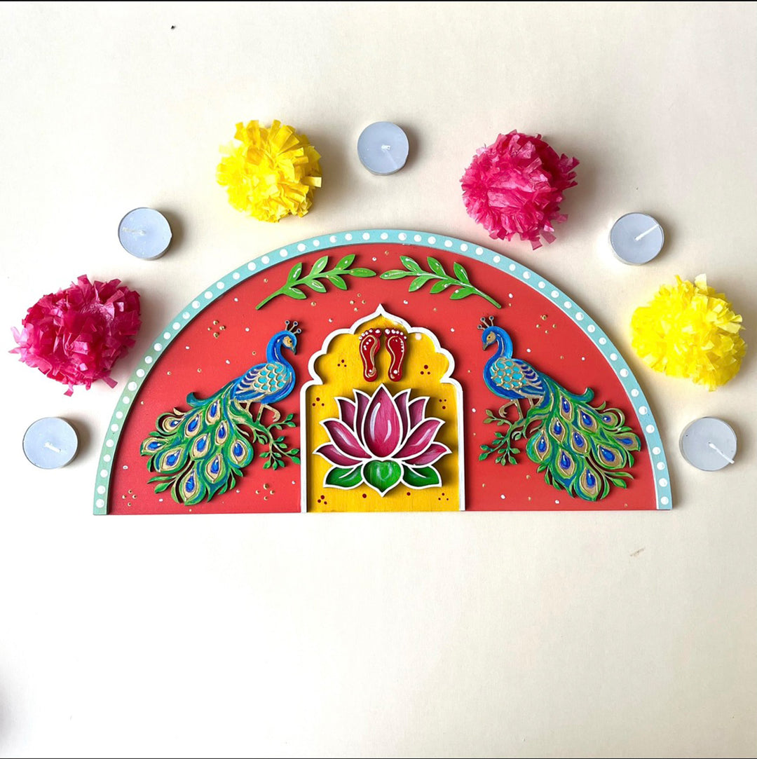Hand-Painted Peacock & Lotus Semi-Circle Mdf Rangoli With Mirror Work For Festive Decor