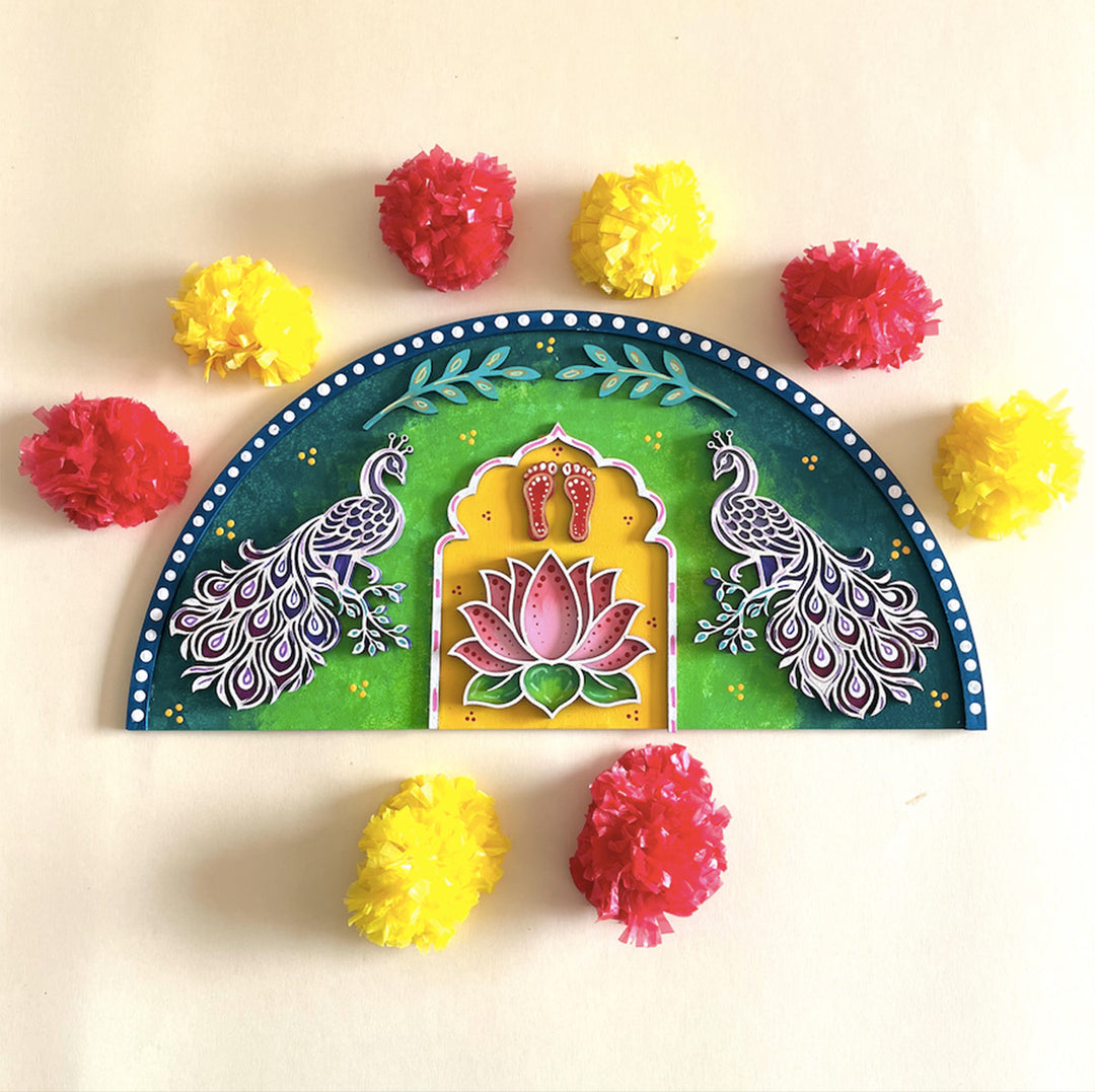 Hand-Painted Peacock & Lotus Semi-Circle Mdf Rangoli With Mirror Work For Festive Decor