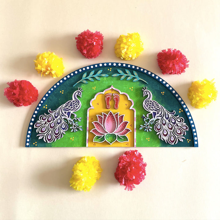 Hand-Painted Peacock & Lotus Semi-Circle Mdf Rangoli With Mirror Work For Festive Decor