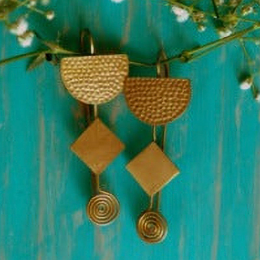 Contemporary Semicircular Beaten Hooks Brass Earrings