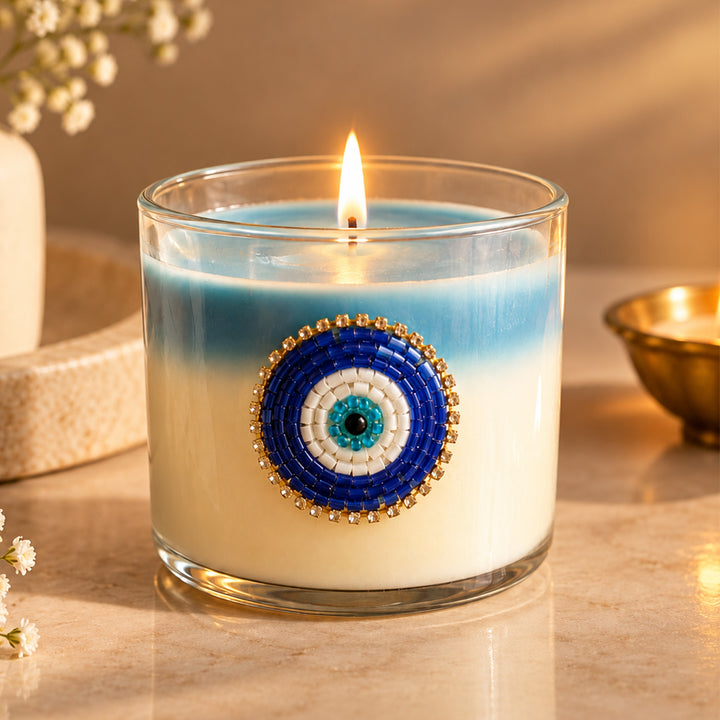 Nazar Halo Round Blue & White Evil Eye Scented Candle With Gift Box For Festive Decor