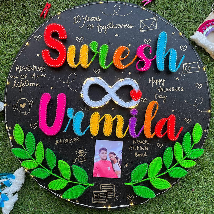 Personalized String Art Serenity Mdf Wood Name Plate For Couples - Top View with Personalization Example