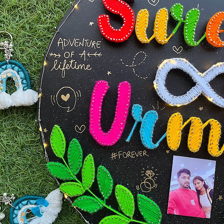 Personalized String Art Serenity Mdf Wood Name Plate For Couples - Close-up Showing Personalization Details
