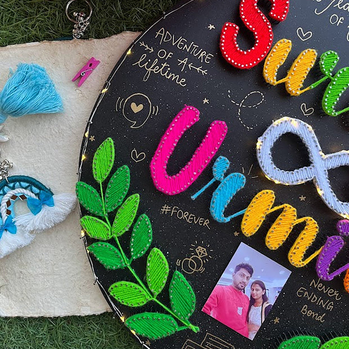 Personalized String Art Serenity Mdf Wood Name Plate For Couples - Close-up of Personalized Details