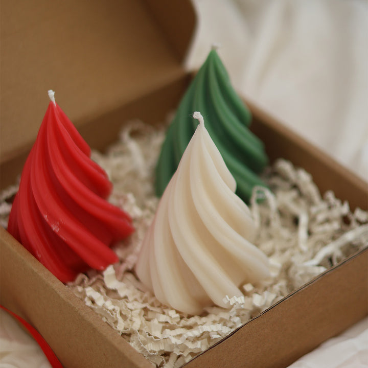 3 Pc | Handmade White, Red & Green Swirl Tree Soy Wax Candles
