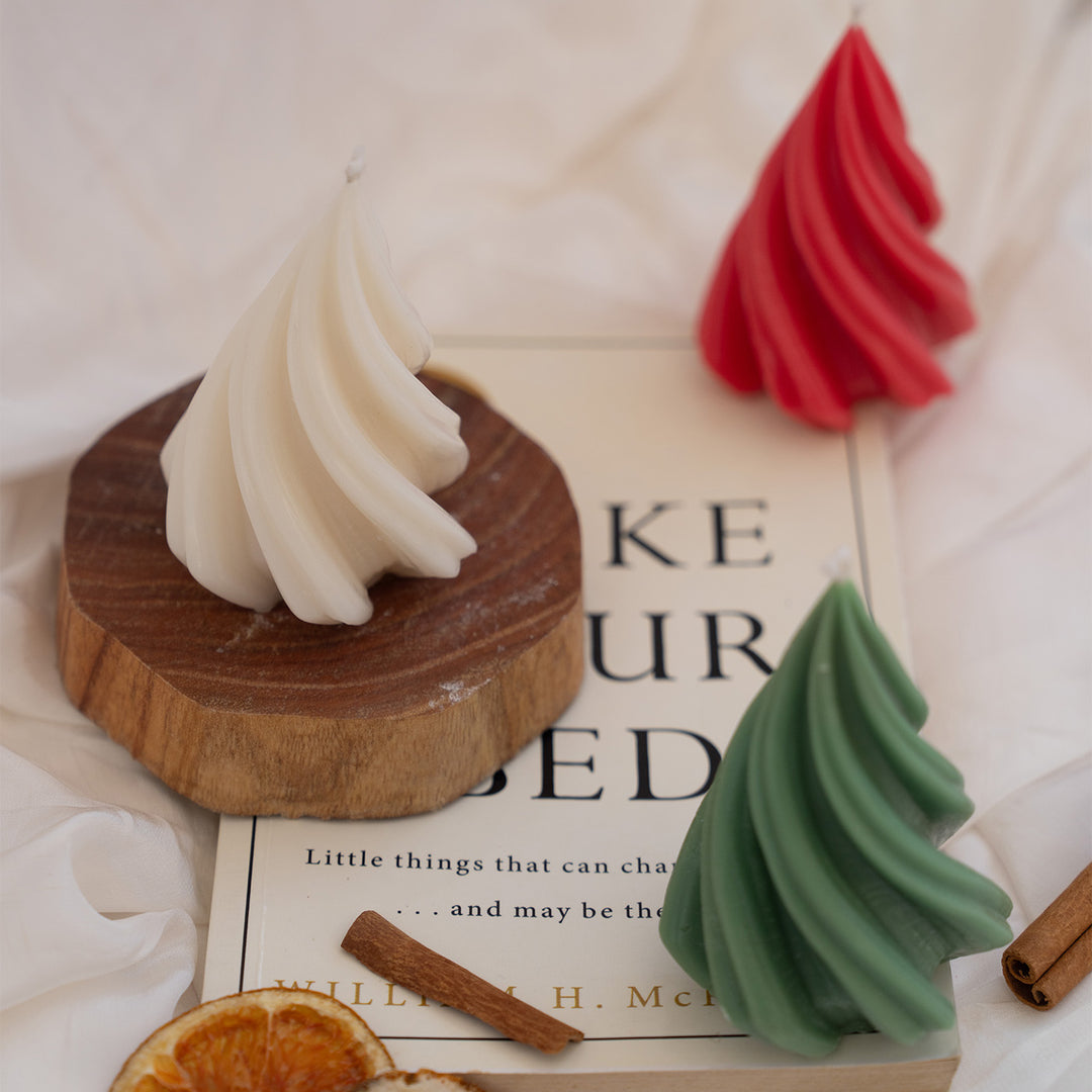 3 Pc | Handmade White, Red & Green Swirl Tree Soy Wax Candles