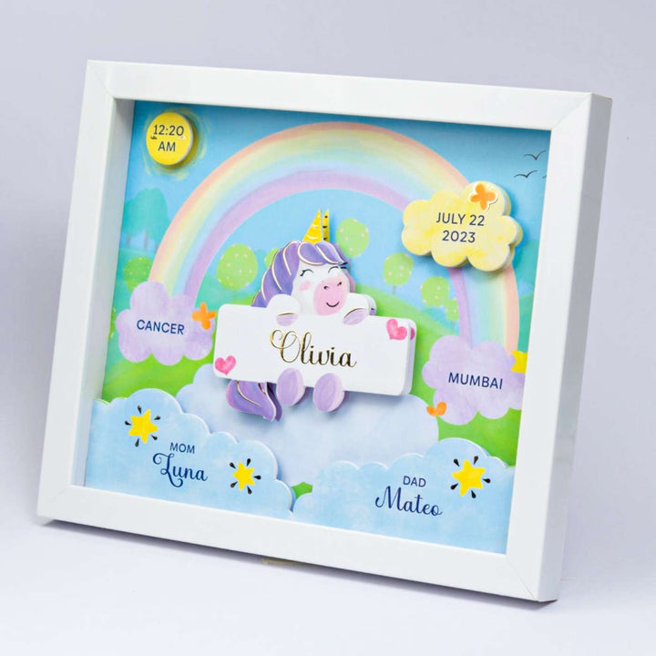 Personalized Handmade Unicorn Theme Shadow Box Frame With Birth Details