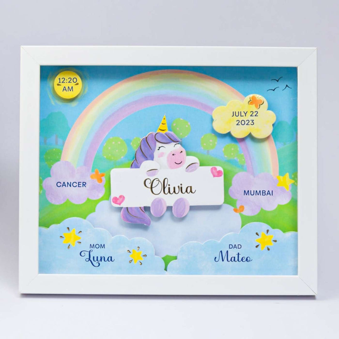 Personalized Handmade Unicorn Theme Shadow Box Frame With Birth Details