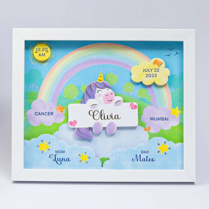 Personalized Handmade Unicorn Theme Shadow Box Frame With Birth Details