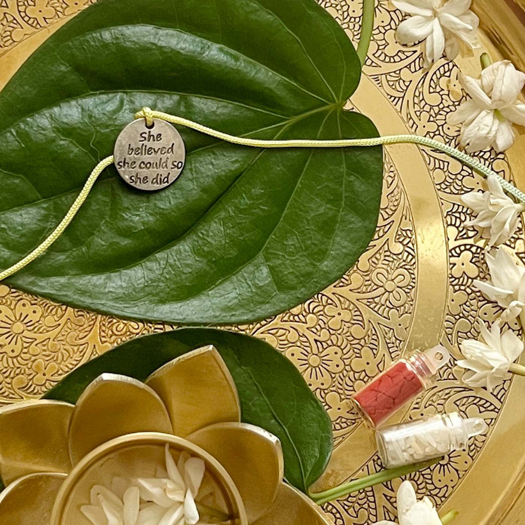 Engraved "She Believed She Could So She Did" Quote Metal Charm Rakhi With Roli Chawal for Brother